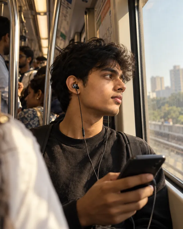 Commuter on the metro wearing AEVRO earphones plugged into a phone